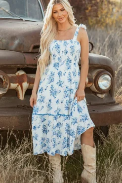 Online Dear-Lover Floral Print Shirred Knot Shoulder Sleeveless Long Dress Sky Blue