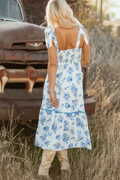 Online Dear-Lover Floral Print Shirred Knot Shoulder Sleeveless Long Dress Sky Blue