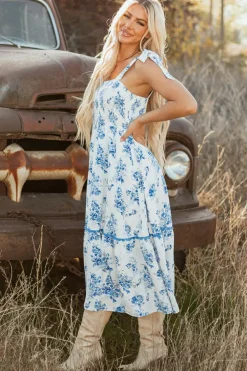 Online Dear-Lover Floral Print Shirred Knot Shoulder Sleeveless Long Dress Sky Blue