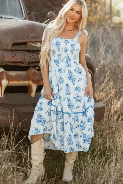Online Dear-Lover Floral Print Shirred Knot Shoulder Sleeveless Long Dress Sky Blue