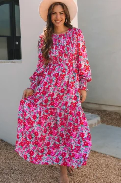 Hot Dear-Lover Floral Print Smocked Lantern Sleeve Tiered Maxi Dress Sky Blue