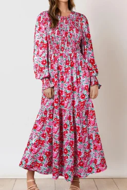 Hot Dear-Lover Floral Print Smocked Lantern Sleeve Tiered Maxi Dress Sky Blue