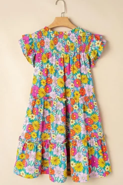 Online Dear-Lover Floral Print Smocked Notch V Neck Flutter Sleeve Mini Dress Sky Blue