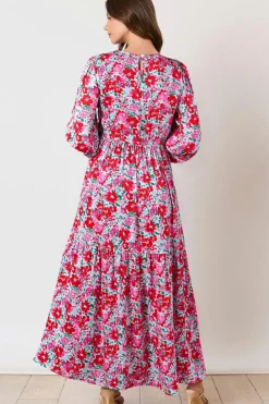 Hot Dear-Lover Floral Print Smocked Lantern Sleeve Tiered Maxi Dress Sky Blue