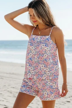 Discount Dear-Lover Floral Print Spaghetti Straps Tank Top and Shorts Set Sky Blue