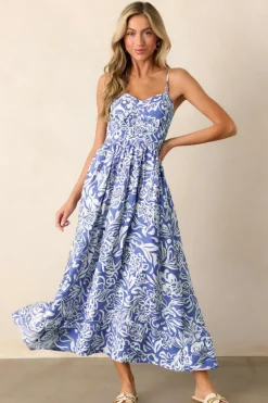 New Dear-Lover Floral Print Spaghetti Strap High Waist Maxi Dress Sky Blue