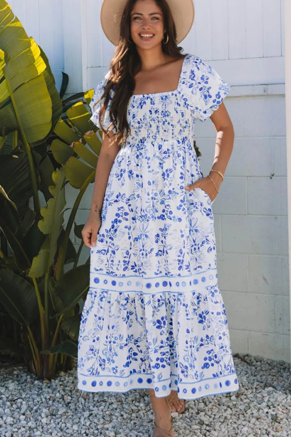 Best Dear-Lover Floral Print Square Neck Bubble Sleeve High Waist Maxi Dress Sky Blue
