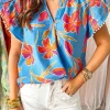 Hot Dear-Lover Floral Print V Neck Pompom Trim Flutter Sleeve Blouse Sky Blue