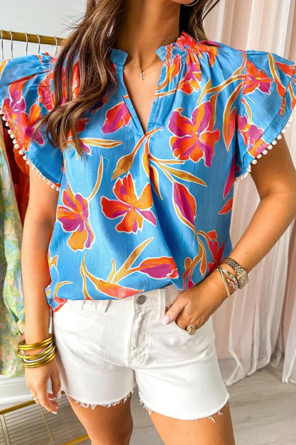 Hot Dear-Lover Floral Print V Neck Pompom Trim Flutter Sleeve Blouse Sky Blue