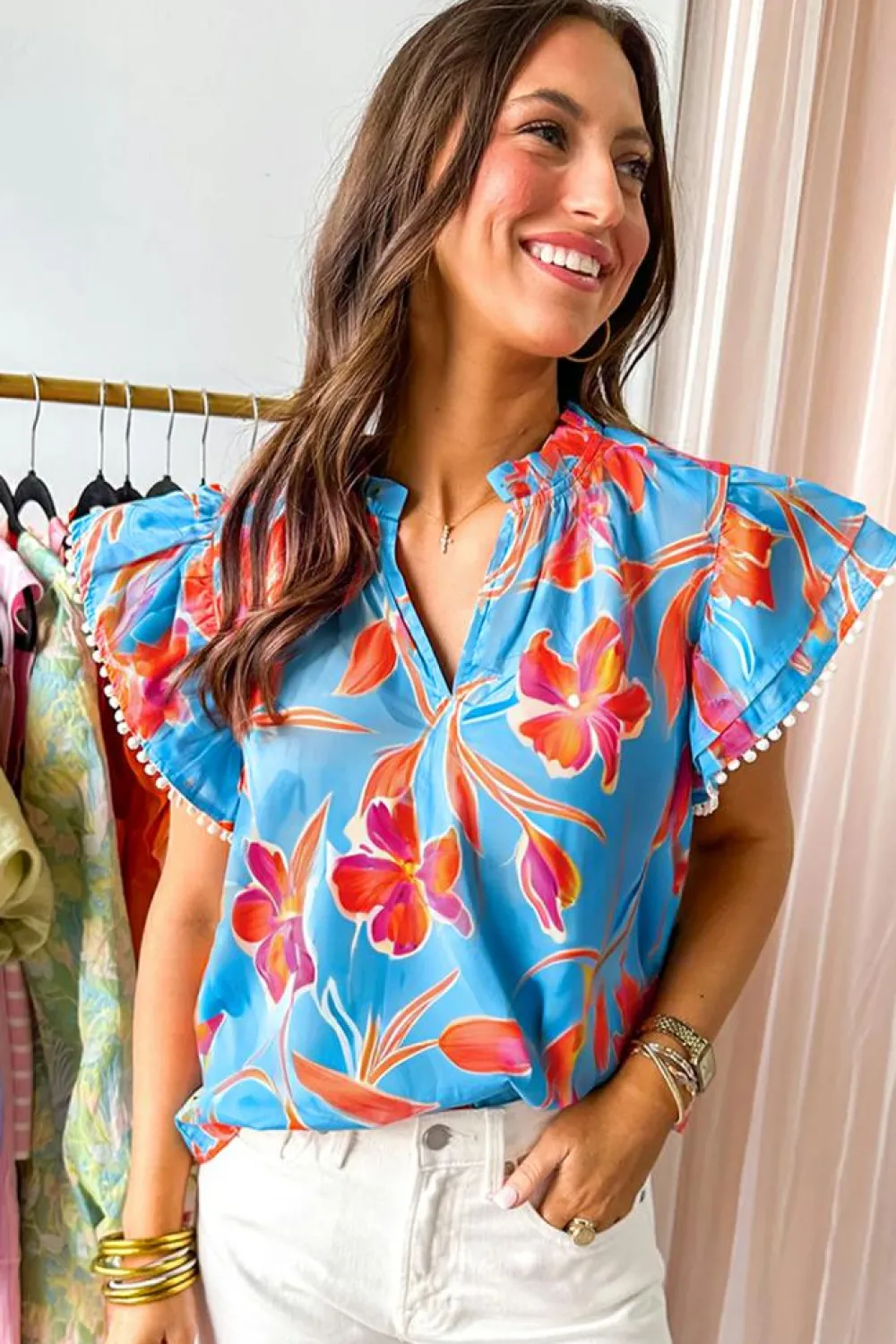 Hot Dear-Lover Floral Print V Neck Pompom Trim Flutter Sleeve Blouse Sky Blue