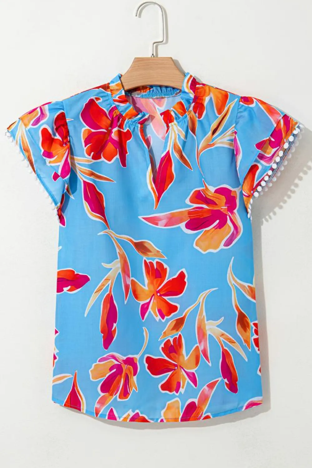 Hot Dear-Lover Floral Print V Neck Pompom Trim Flutter Sleeve Blouse Sky Blue