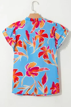 Hot Dear-Lover Floral Print V Neck Pompom Trim Flutter Sleeve Blouse Sky Blue