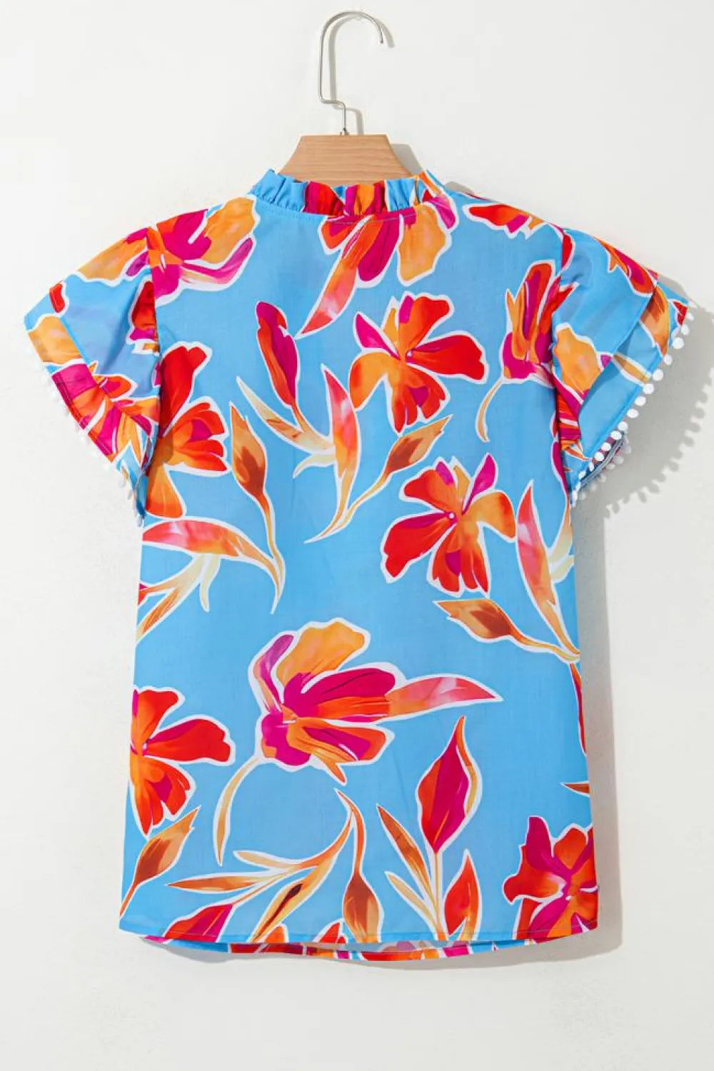 Hot Dear-Lover Floral Print V Neck Pompom Trim Flutter Sleeve Blouse Sky Blue