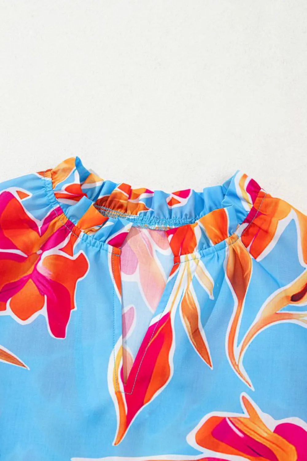 Hot Dear-Lover Floral Print V Neck Pompom Trim Flutter Sleeve Blouse Sky Blue