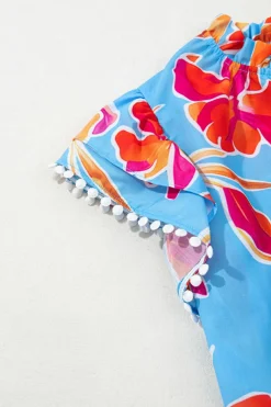 Hot Dear-Lover Floral Print V Neck Pompom Trim Flutter Sleeve Blouse Sky Blue