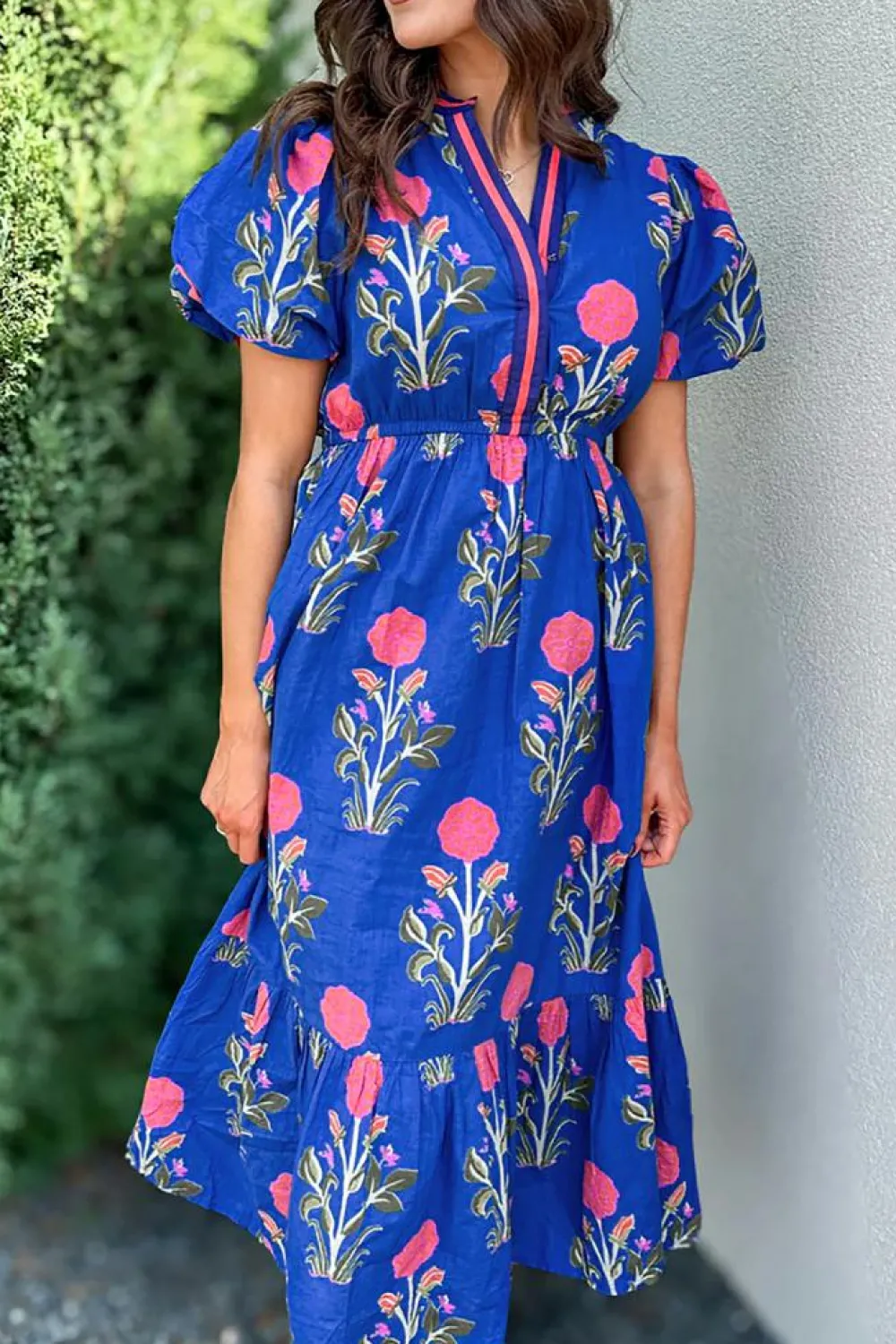 Outlet Dear-Lover Floral Puff Short Sleeve V Neck High Waist Maxi Dress Sky Blue