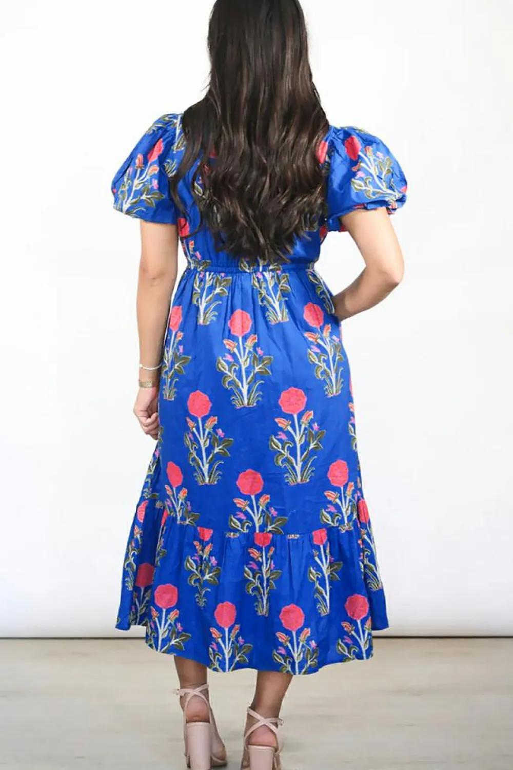 Outlet Dear-Lover Floral Puff Short Sleeve V Neck High Waist Maxi Dress Sky Blue