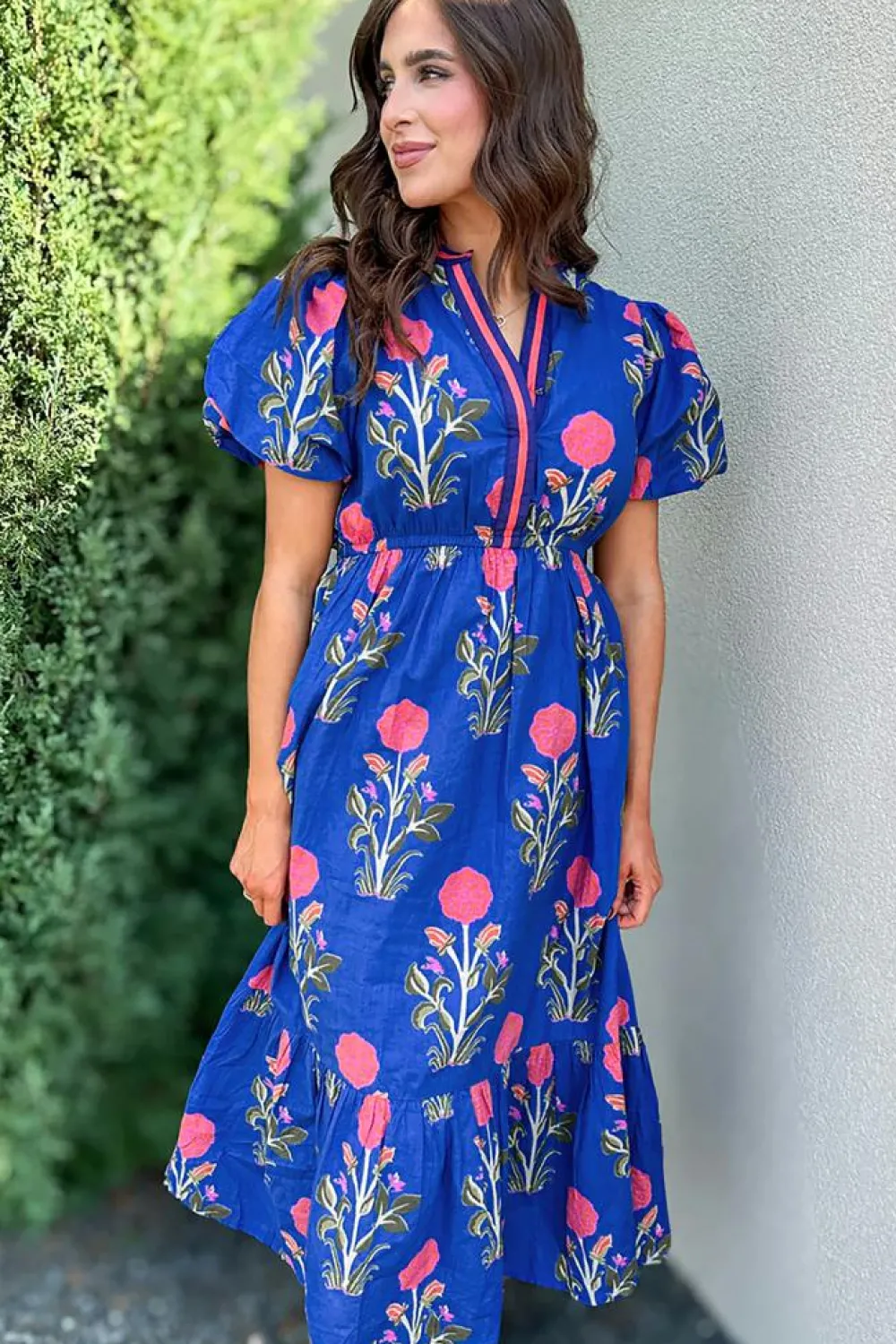 Outlet Dear-Lover Floral Puff Short Sleeve V Neck High Waist Maxi Dress Sky Blue