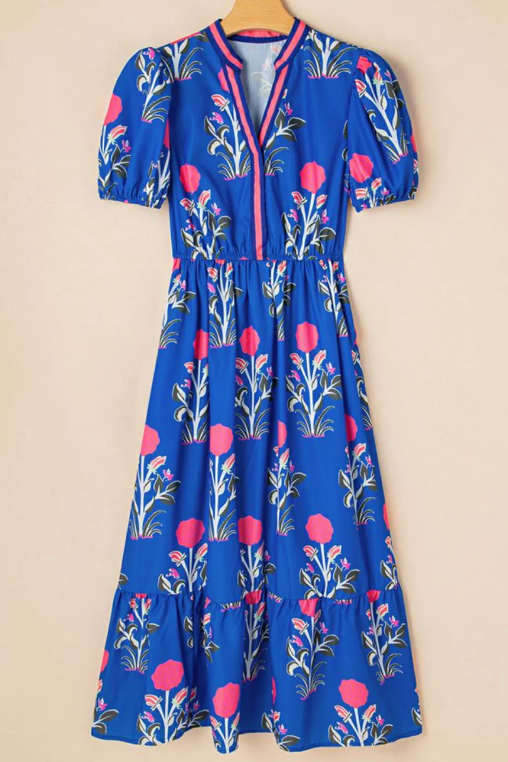 Outlet Dear-Lover Floral Puff Short Sleeve V Neck High Waist Maxi Dress Sky Blue