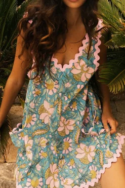 New Dear-Lover Floral Ricrac Trim V Neck Shift Mini Tank Dress Sky Blue