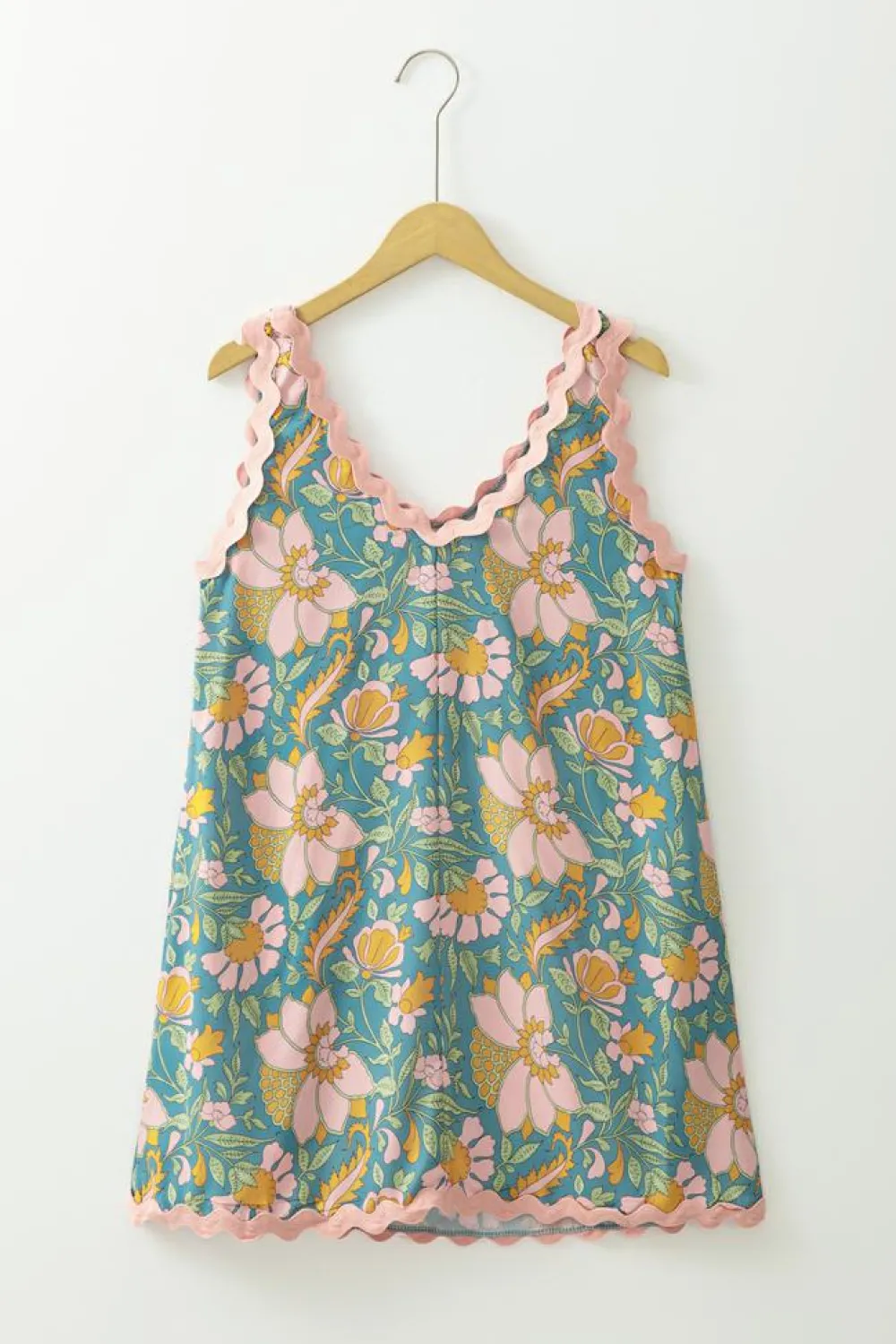 New Dear-Lover Floral Ricrac Trim V Neck Shift Mini Tank Dress Sky Blue