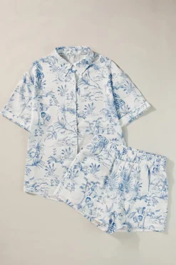 Best Dear-Lover Floral Short Sleeve Shirt and Shorts Set Sky Blue