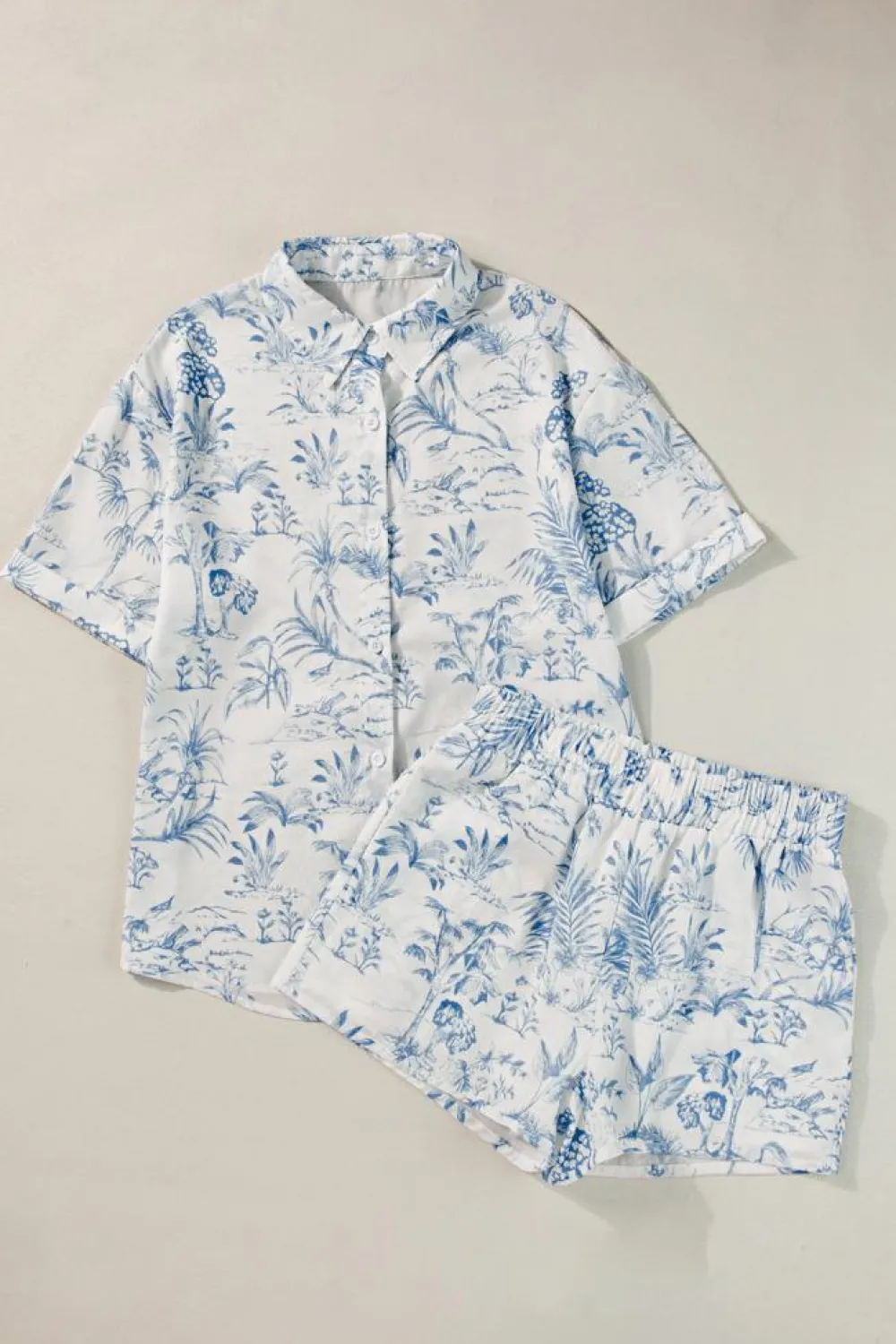 Best Dear-Lover Floral Short Sleeve Shirt and Shorts Set Sky Blue