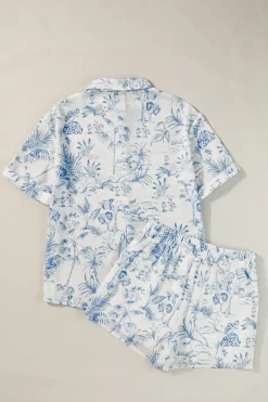 Best Dear-Lover Floral Short Sleeve Shirt and Shorts Set Sky Blue