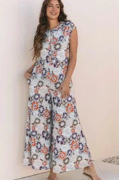 New Dear-Lover Floral Sleeveless Buttoned Pocketed Wide Leg Jumpsuit Sky Blue