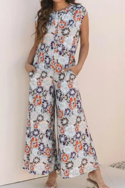New Dear-Lover Floral Sleeveless Buttoned Pocketed Wide Leg Jumpsuit Sky Blue