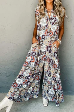 New Dear-Lover Floral Sleeveless Buttoned Pocketed Wide Leg Jumpsuit Sky Blue