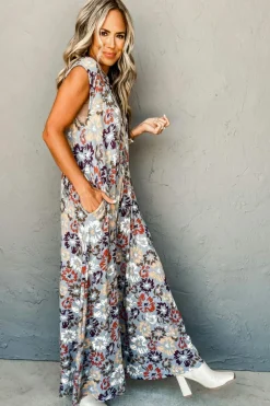 New Dear-Lover Floral Sleeveless Buttoned Pocketed Wide Leg Jumpsuit Sky Blue