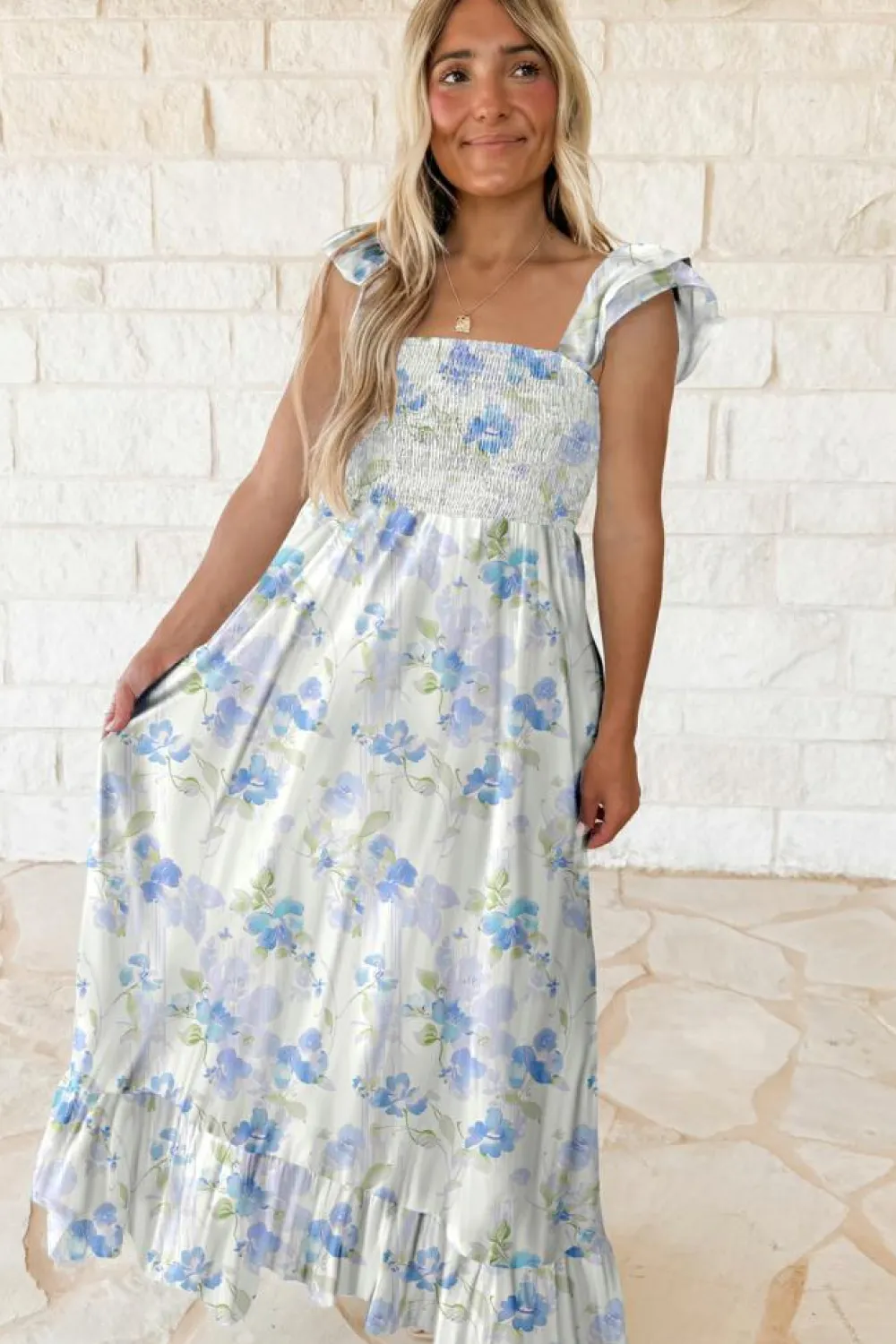 New Dear-Lover Floral Smocked High Waist Double Ruffle Sleeveless Long Dress Sky Blue