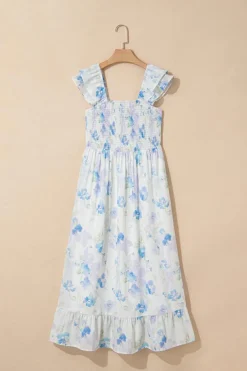 New Dear-Lover Floral Smocked High Waist Double Ruffle Sleeveless Long Dress Sky Blue