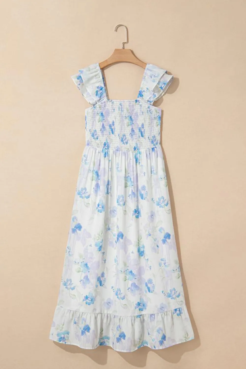 New Dear-Lover Floral Smocked High Waist Double Ruffle Sleeveless Long Dress Sky Blue