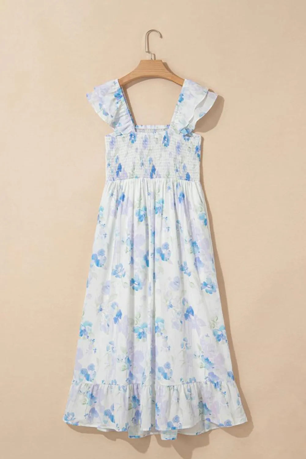 New Dear-Lover Floral Smocked High Waist Double Ruffle Sleeveless Long Dress Sky Blue