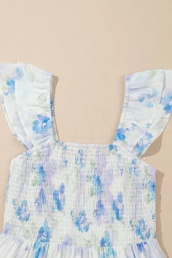 New Dear-Lover Floral Smocked High Waist Double Ruffle Sleeveless Long Dress Sky Blue