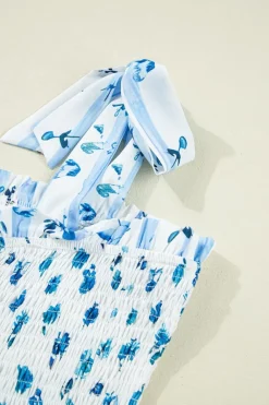 Hot Dear-Lover Floral Smocked Tied Straps A-Lined Tiered Maxi Dress Sky Blue