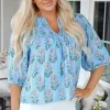 Hot Dear-Lover Floral Striped Print Shirred Yoke Split Neck Blouse Sky Blue