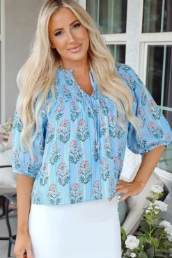 Hot Dear-Lover Floral Striped Print Shirred Yoke Split Neck Blouse Sky Blue