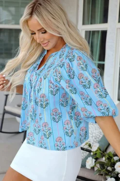 Hot Dear-Lover Floral Striped Print Shirred Yoke Split Neck Blouse Sky Blue