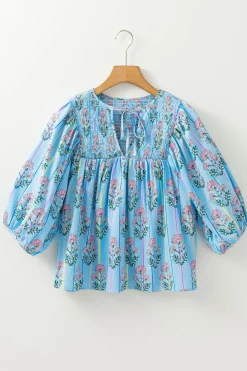 Hot Dear-Lover Floral Striped Print Shirred Yoke Split Neck Blouse Sky Blue