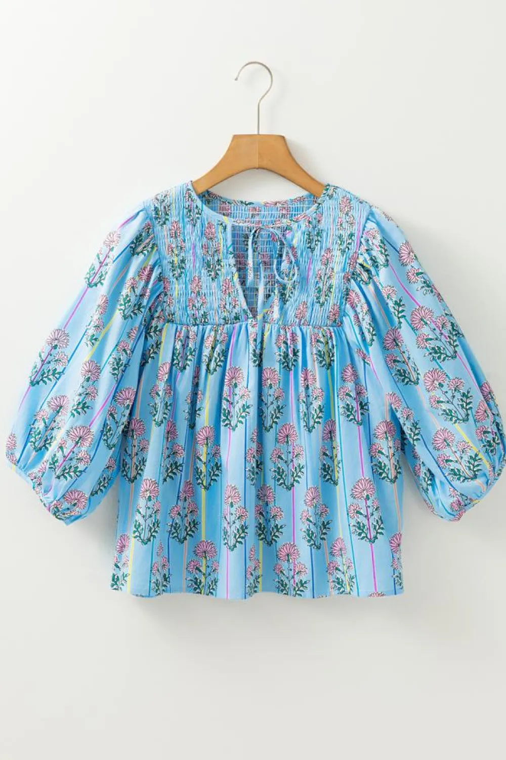 Hot Dear-Lover Floral Striped Print Shirred Yoke Split Neck Blouse Sky Blue