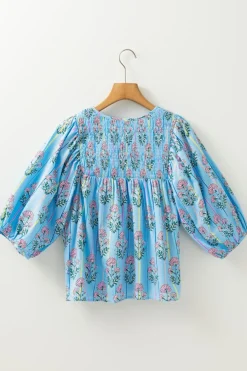 Hot Dear-Lover Floral Striped Print Shirred Yoke Split Neck Blouse Sky Blue