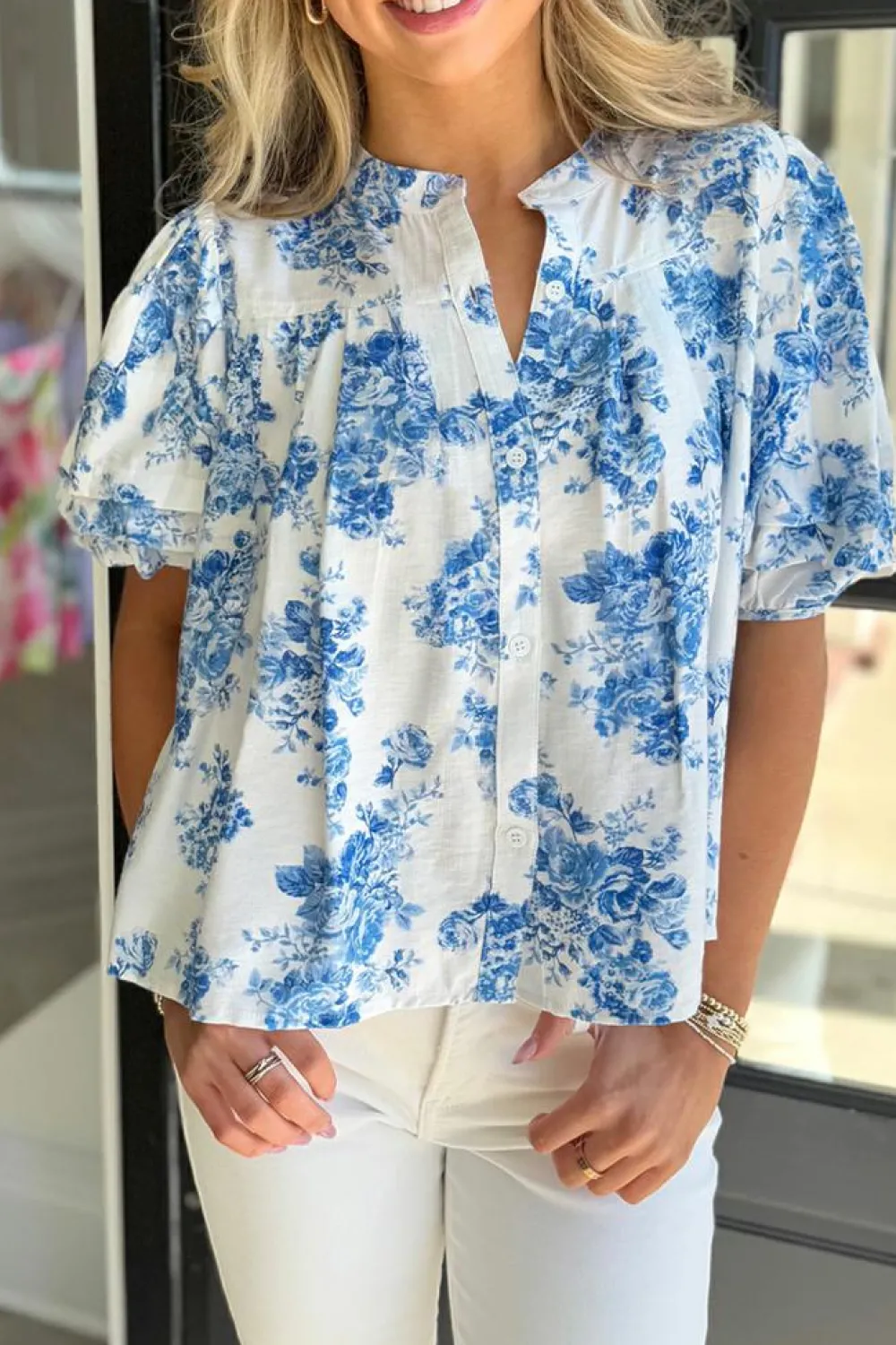 Best Dear-Lover Floral Tiered Puff Short Sleeve Pleated Bust Buttoned Casual Shirt Sky Blue