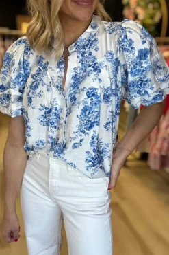 Best Dear-Lover Floral Tiered Puff Short Sleeve Pleated Bust Buttoned Casual Shirt Sky Blue