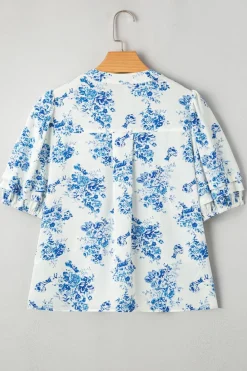 Best Dear-Lover Floral Tiered Puff Short Sleeve Pleated Bust Buttoned Casual Shirt Sky Blue