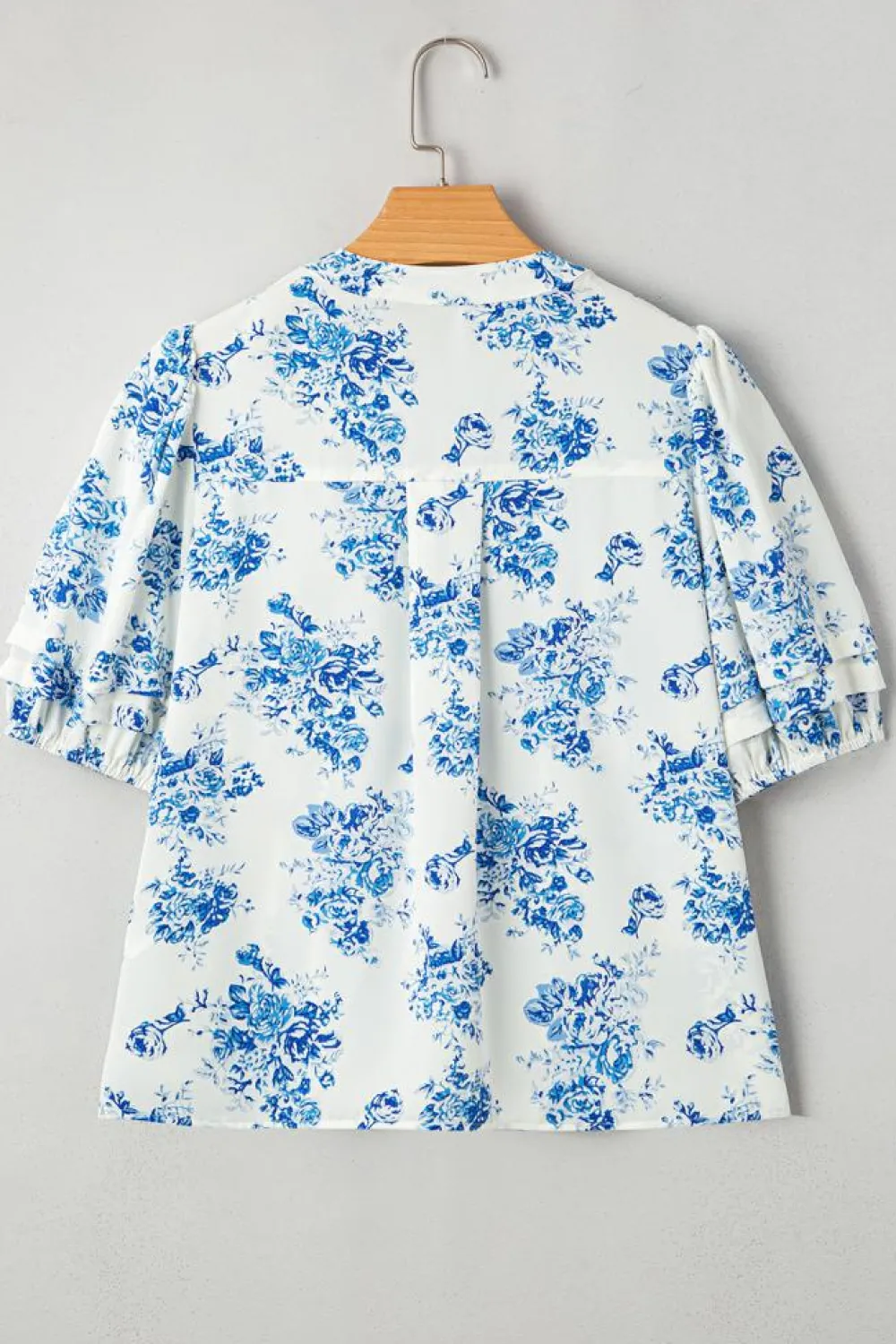 Best Dear-Lover Floral Tiered Puff Short Sleeve Pleated Bust Buttoned Casual Shirt Sky Blue
