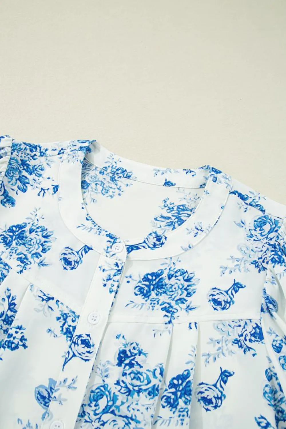 Best Dear-Lover Floral Tiered Puff Short Sleeve Pleated Bust Buttoned Casual Shirt Sky Blue