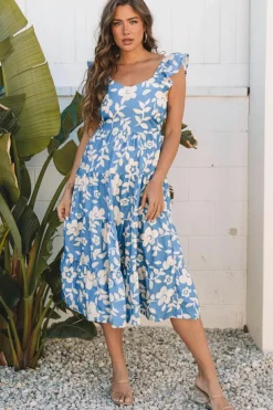 Discount Dear-Lover Floral U Neck Flutter Shoulder Tiered Flowy Midi Dress Sky Blue